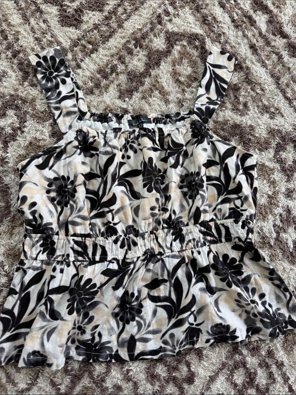 Women’s Black and Cream Floral Ruffled Tank Top